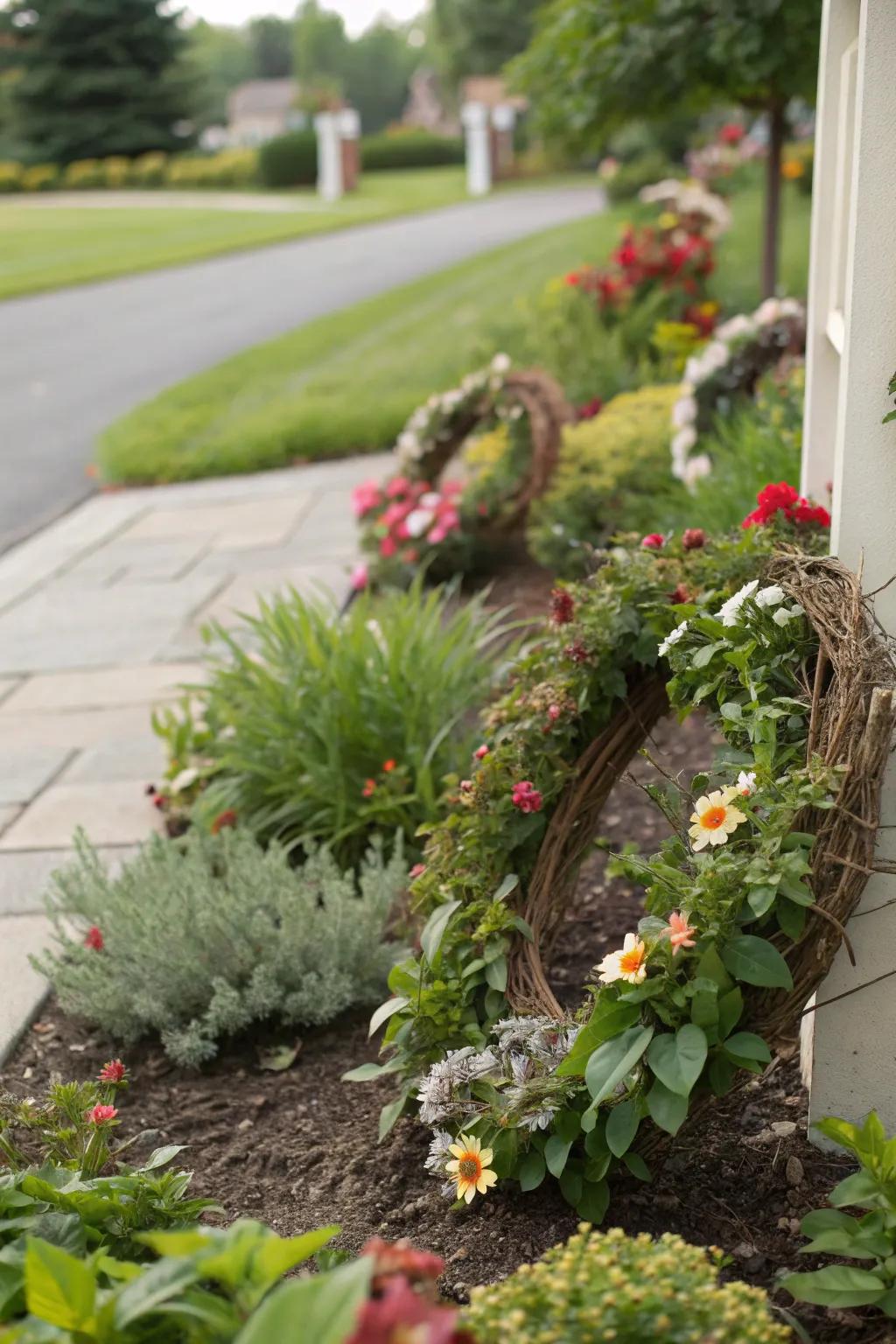 Mini wreaths nestled among plants add a festive touch.