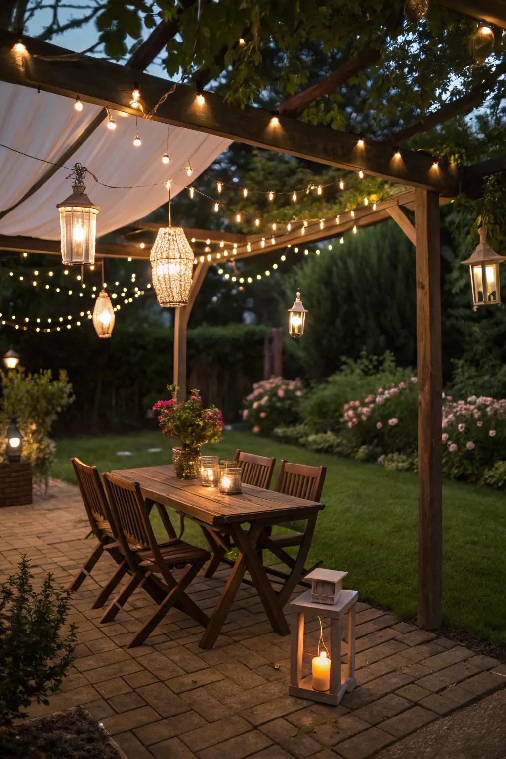 String lights add a warm glow to any backyard brunch setting.
