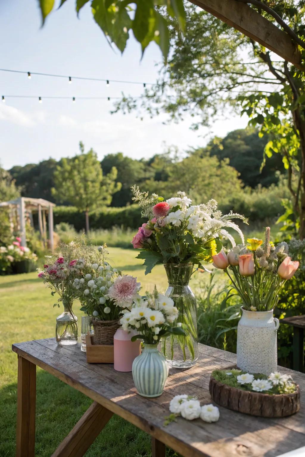 DIY flower arrangements allow guests to create their personal bouquets.