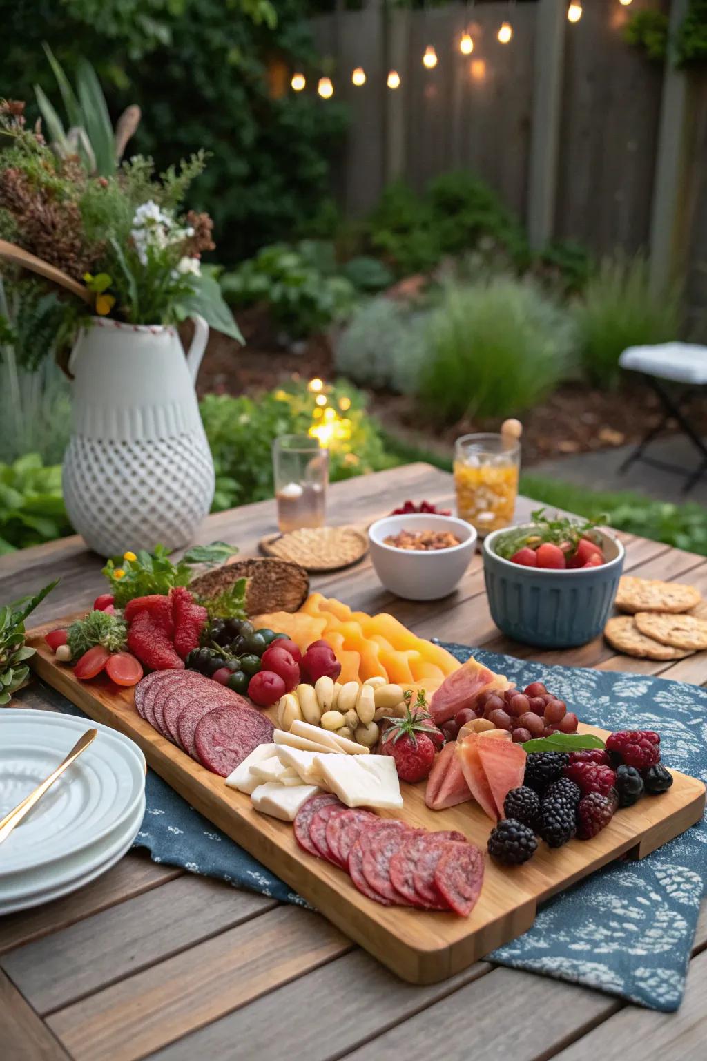 An elegant charcuterie board ready to be savored at a backyard brunch.
