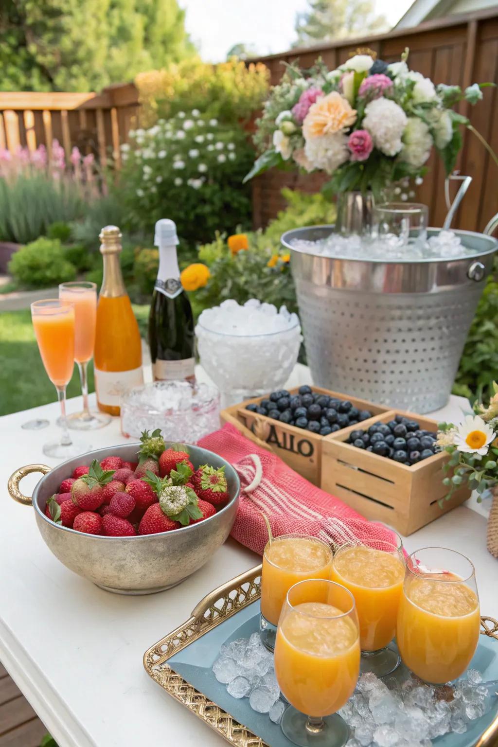 A colorful DIY mimosa bar ready for guests to create their favorite blends.