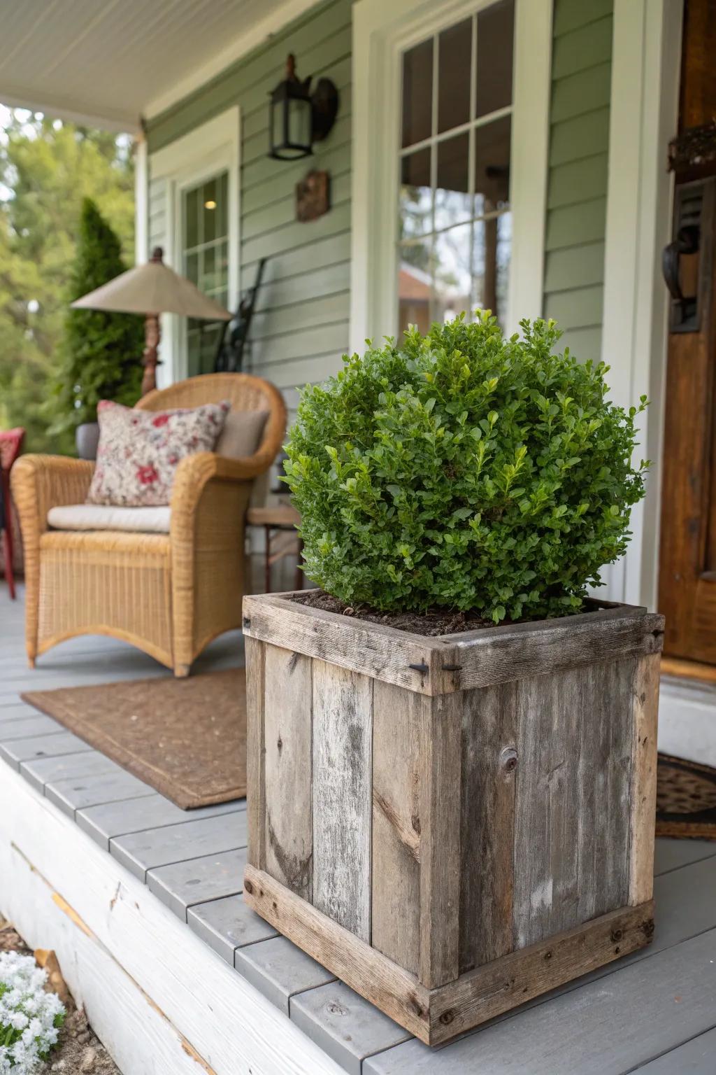 Cozy and rustic: Boxwood in a reclaimed wood planter.