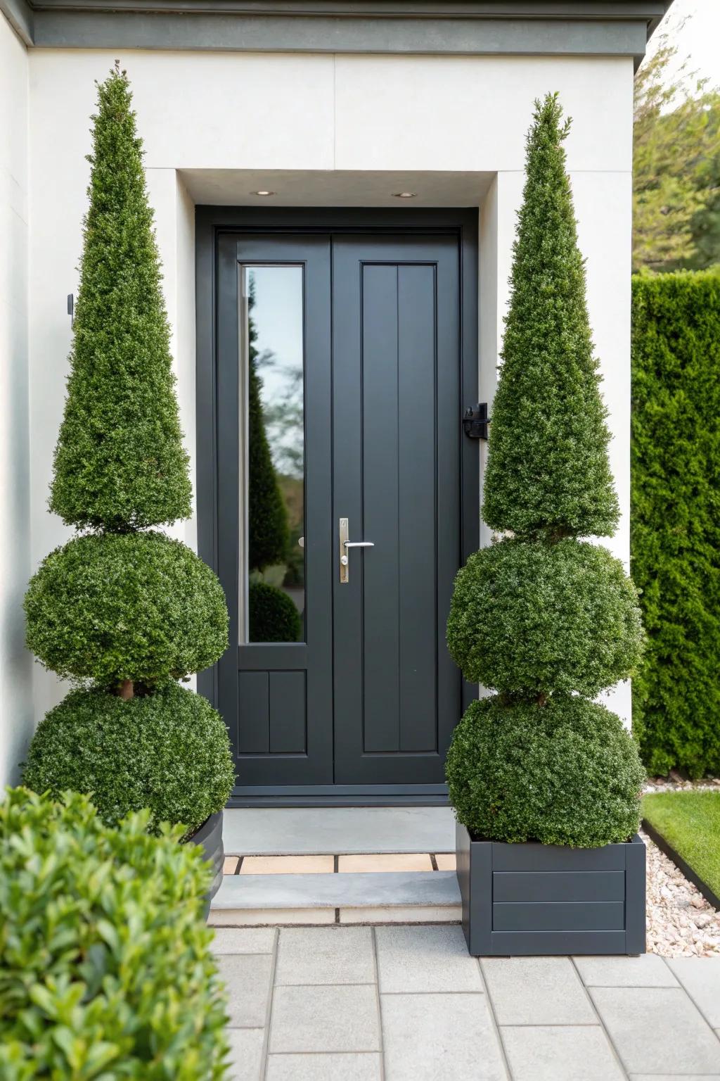 Welcoming charm: Boxwoods frame a stylish entryway.