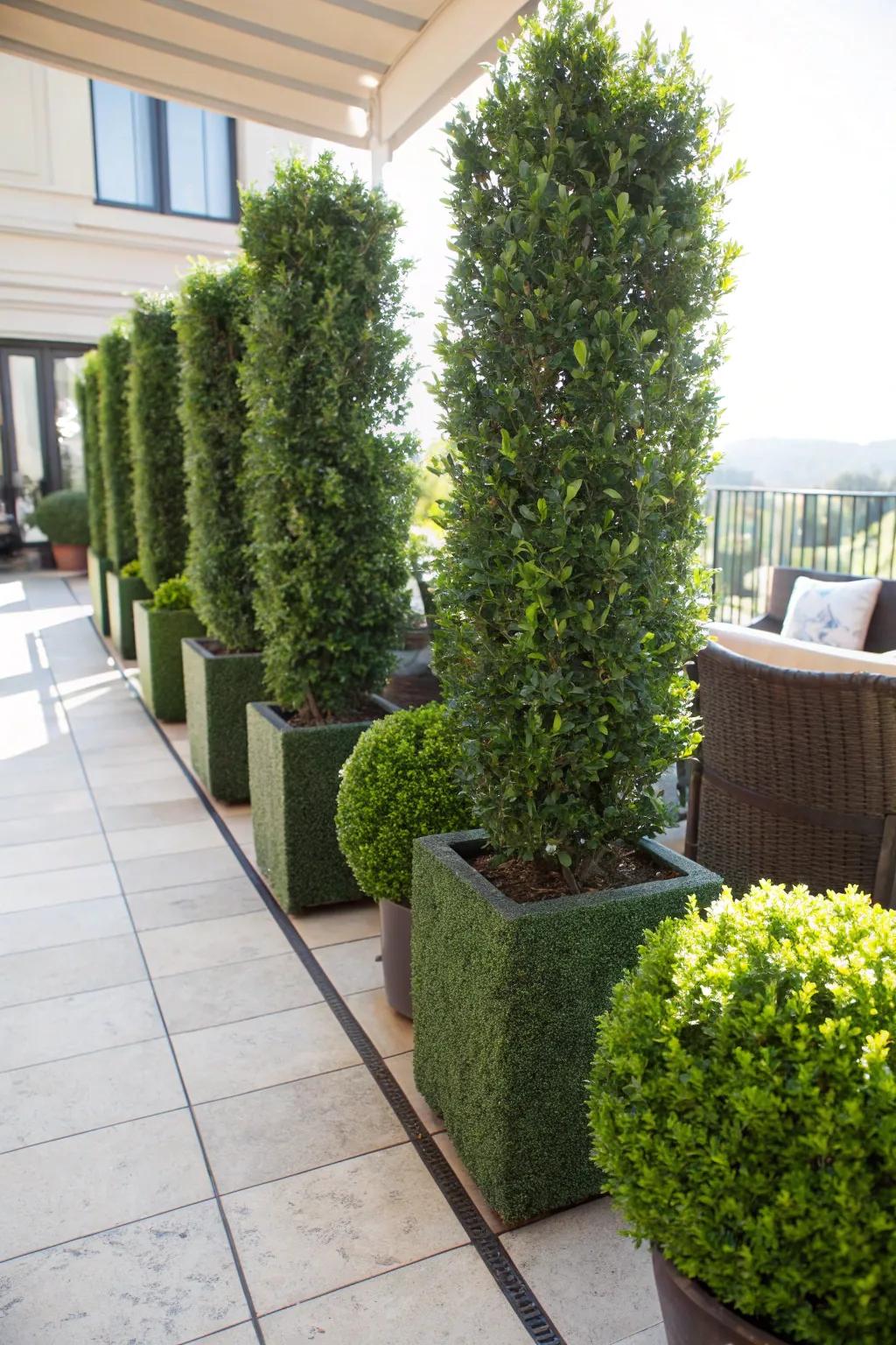 Private retreat: Boxwood planters as a privacy screen.