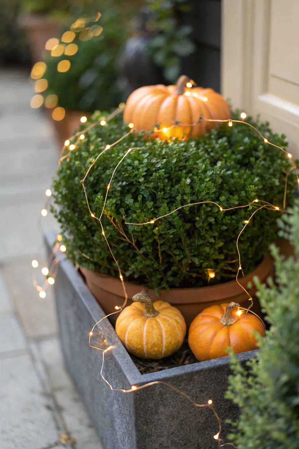 Seasonal sparkle: Boxwood with festive decorations.