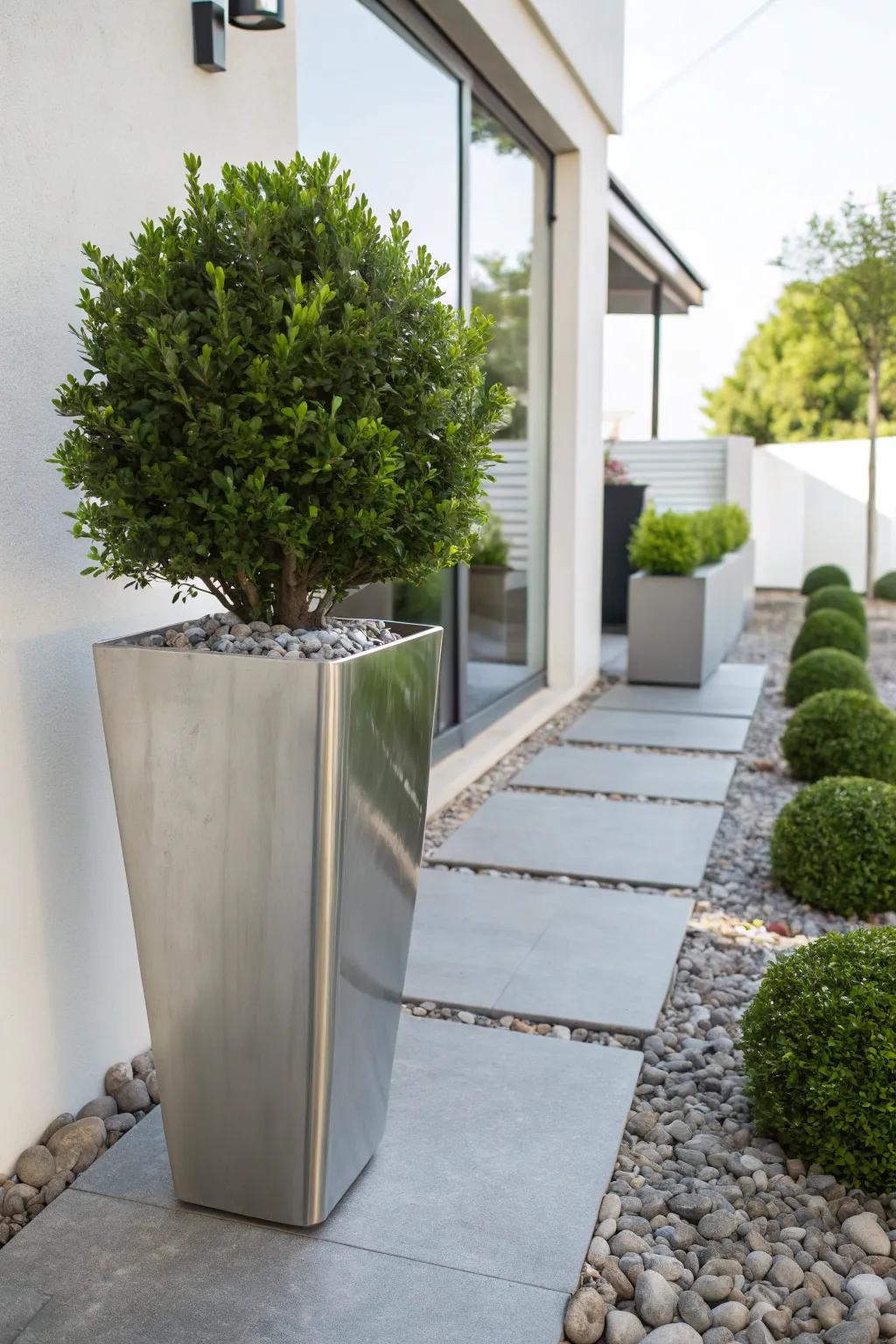 Modern flair: Boxwood in a sleek metal planter.