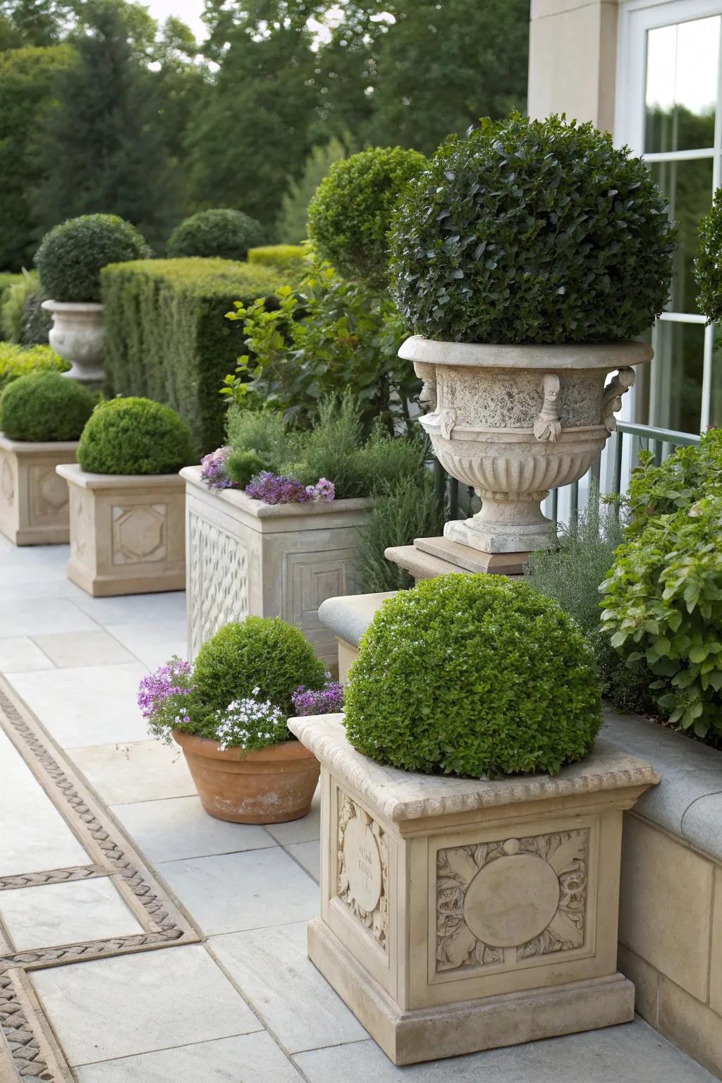 Eclectic harmony: Mix of planters for visual interest.