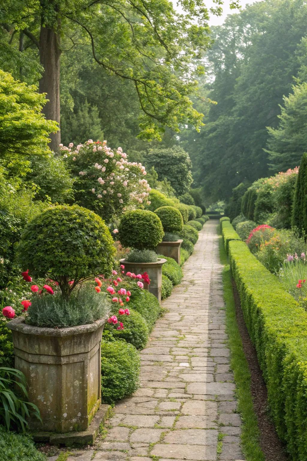 Pathway charm: Boxwoods guiding the garden walk.