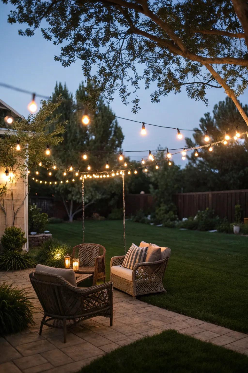 String lights create a cozy ambiance in the backyard.