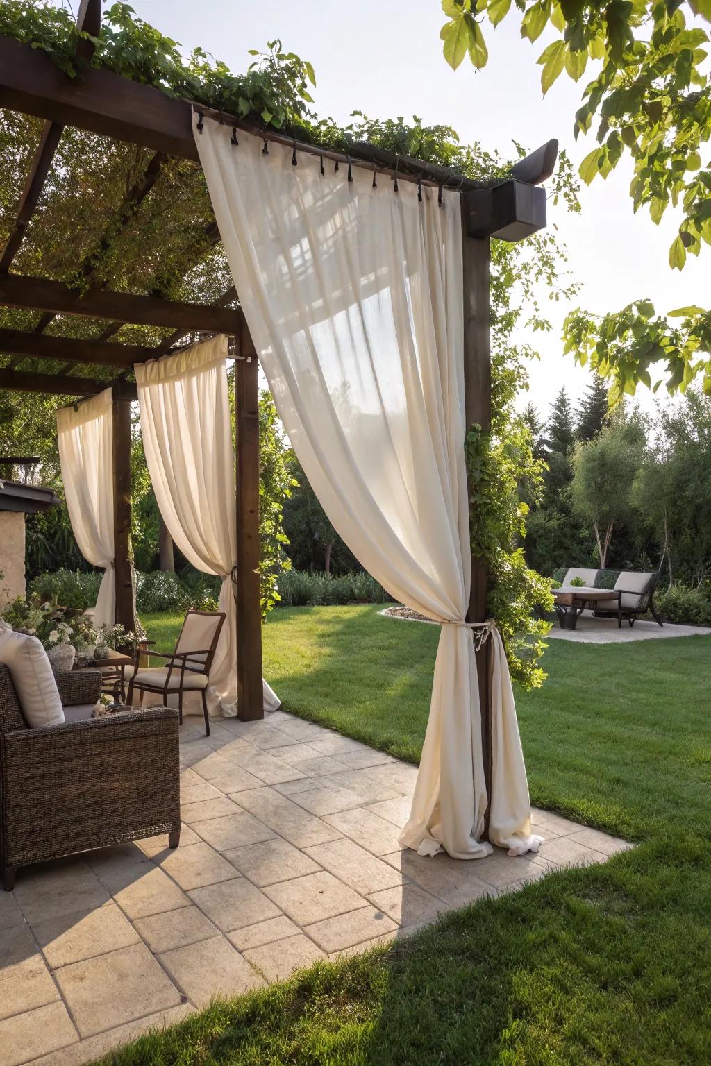Outdoor curtains add elegance and shade.