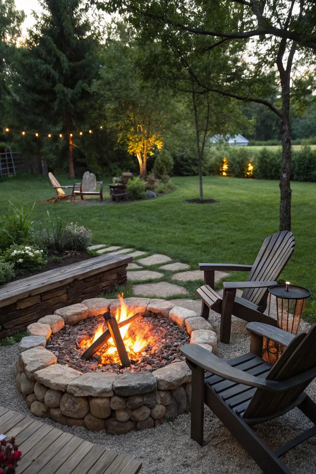 A fire pit offers warmth and ambiance.