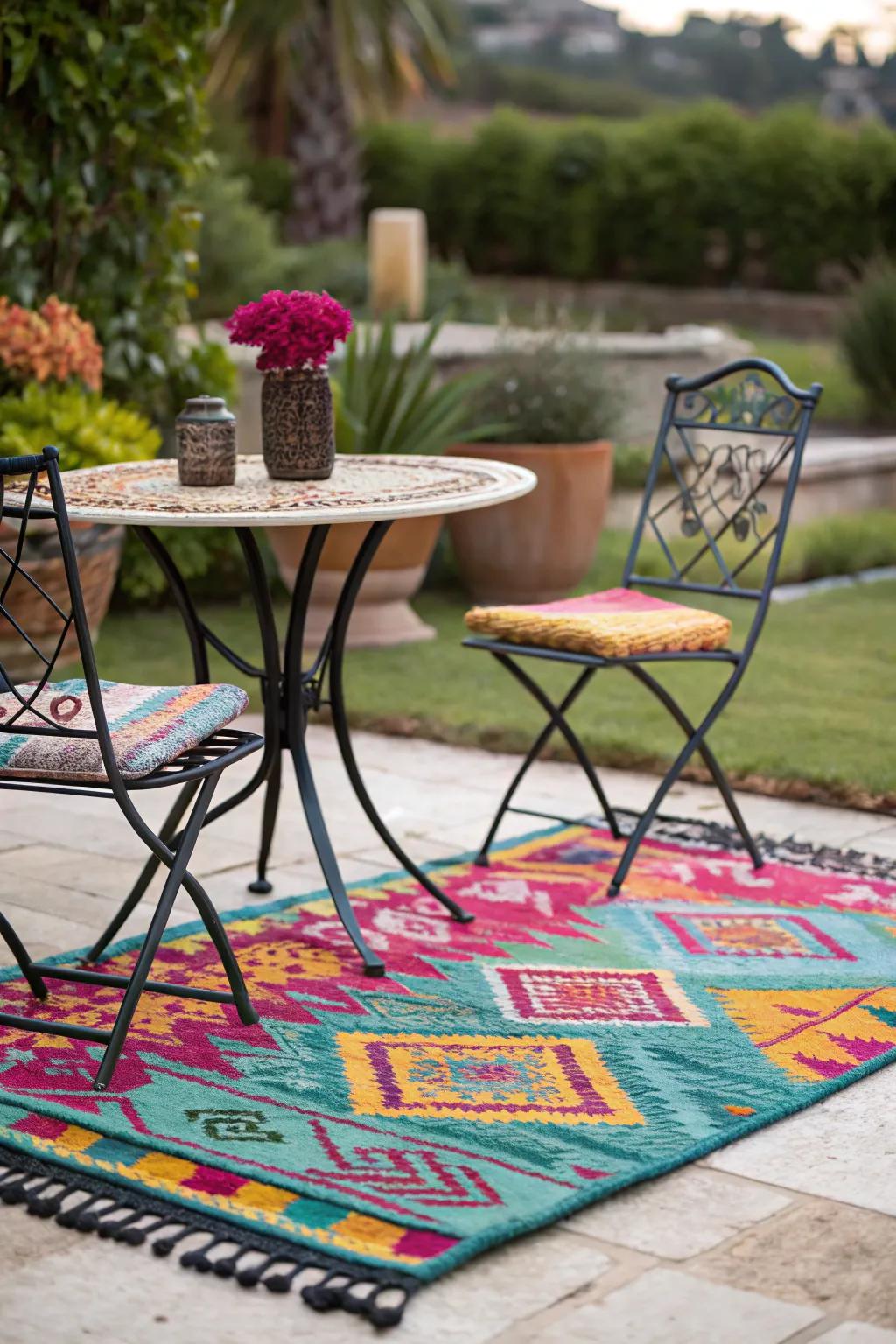 Outdoor rugs add a splash of color and comfort.