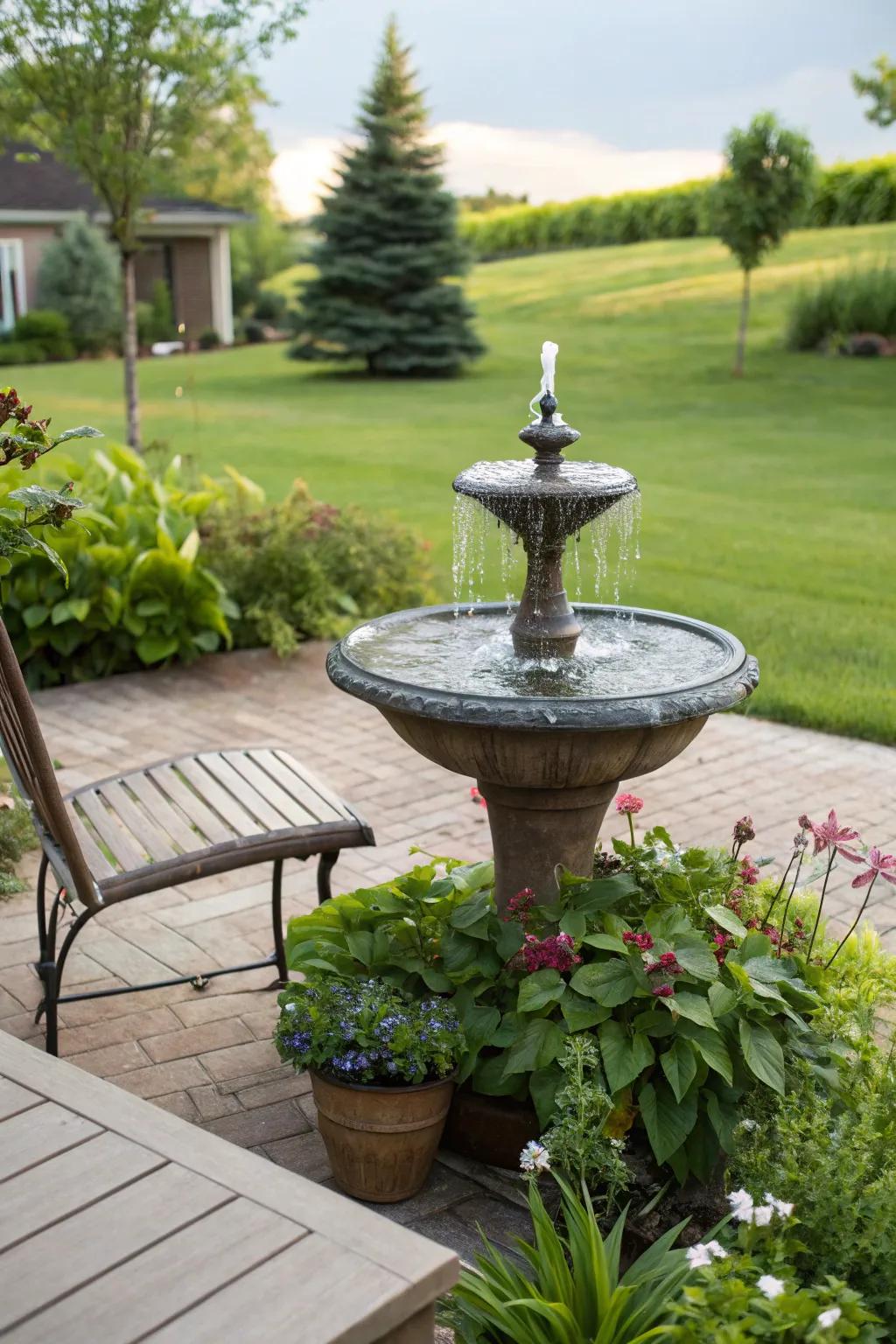 A small water feature adds peace and charm.
