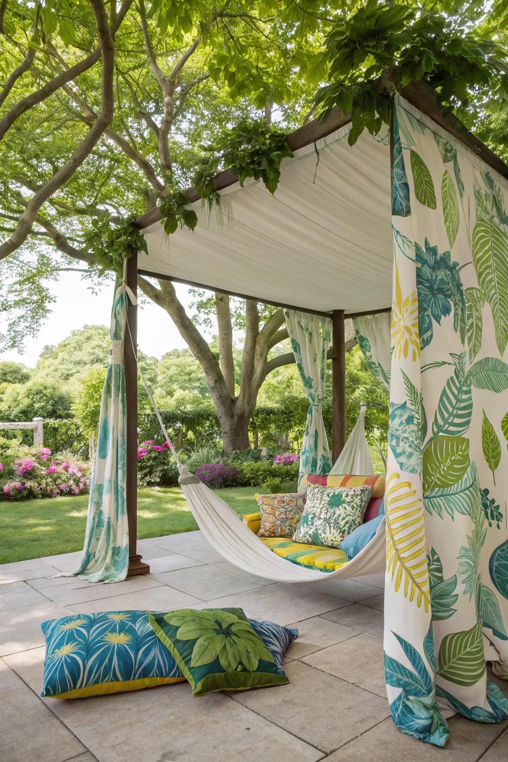 Create a tropical oasis with vibrant decor and comfy seating.
