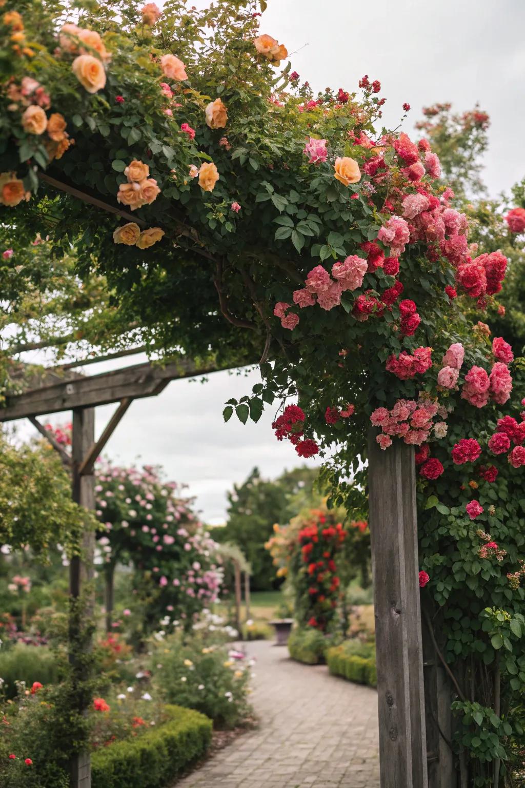 Walk under a vibrant rose canopy.