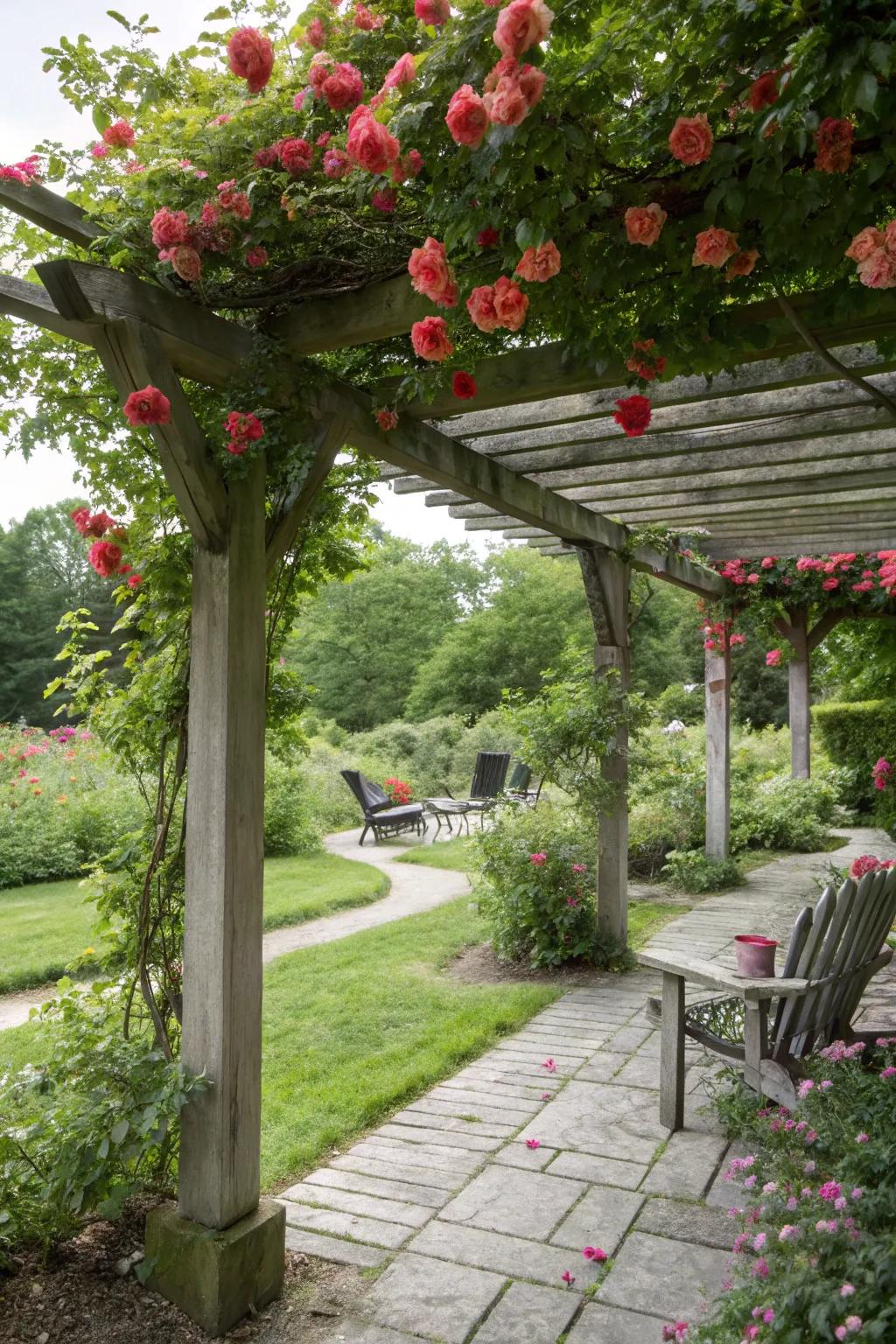 Enjoy cool shade under a vine-covered pergola.