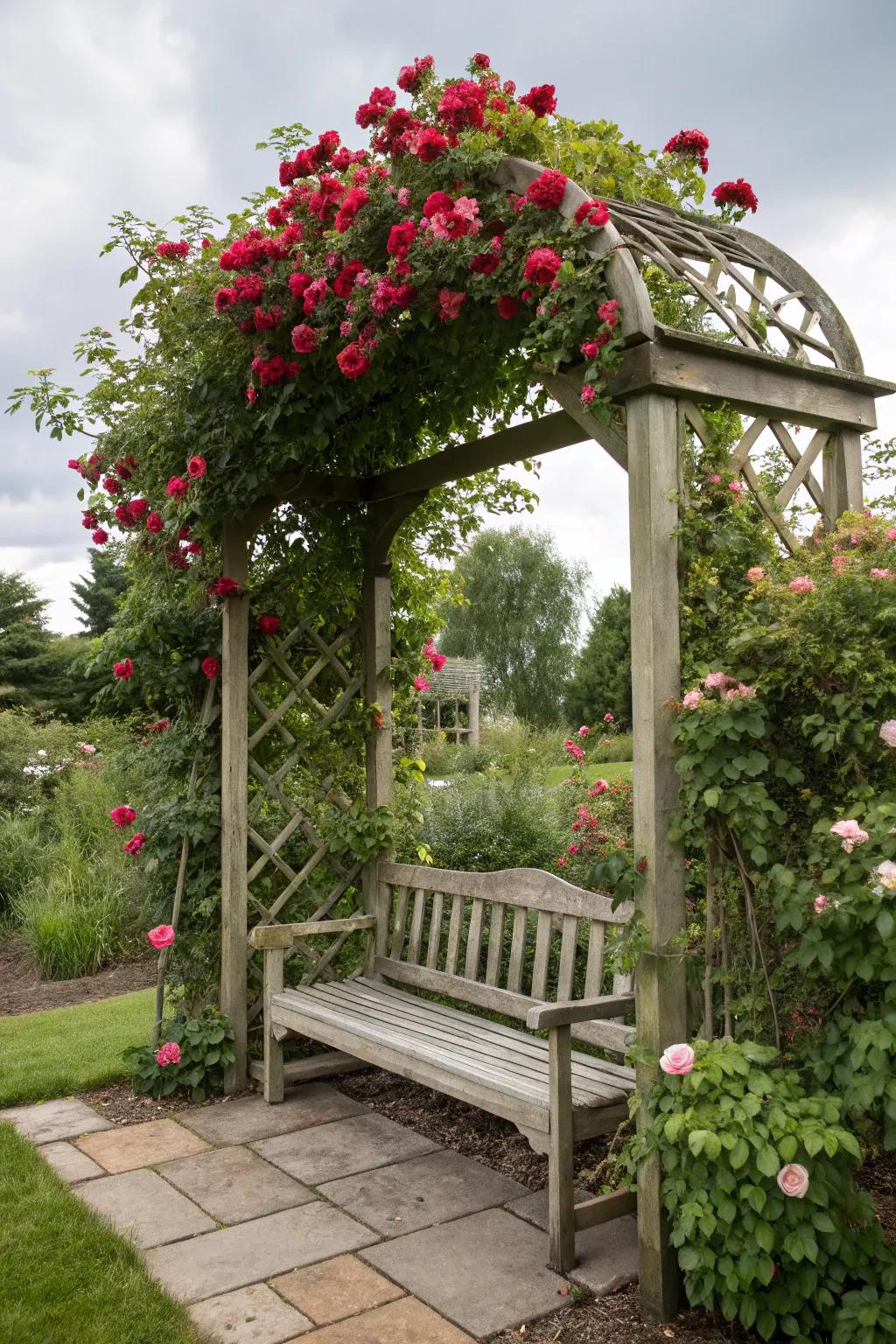 Relax and unwind with an integrated seating area under your arbor.