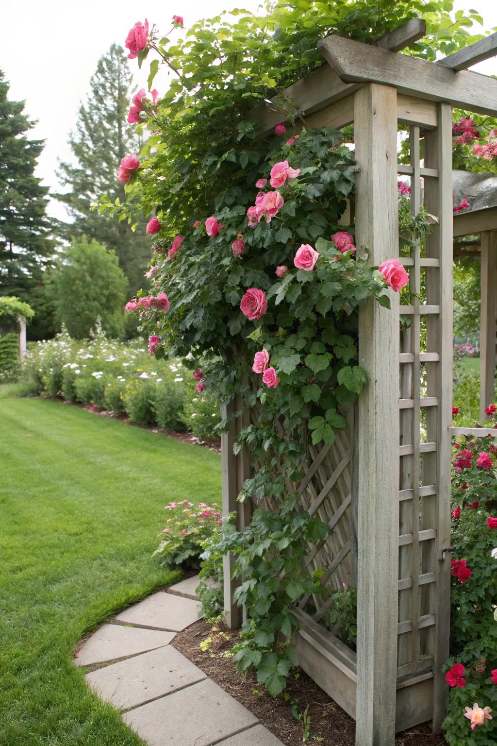 Enjoy a private oasis with a rose-covered trellis screen.