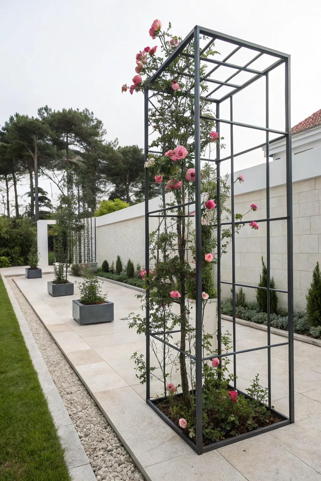 Achieve a chic look with a modern metal framework trellis.