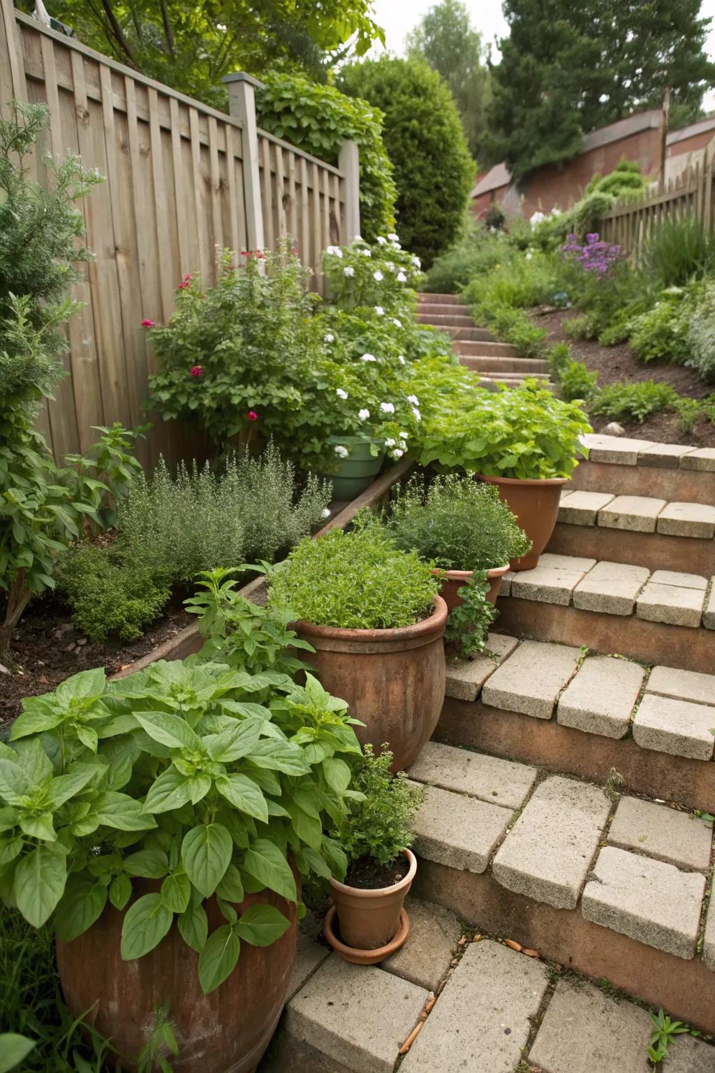Garden steps elegantly lined with pots of herbs, creating a practical and pretty display.