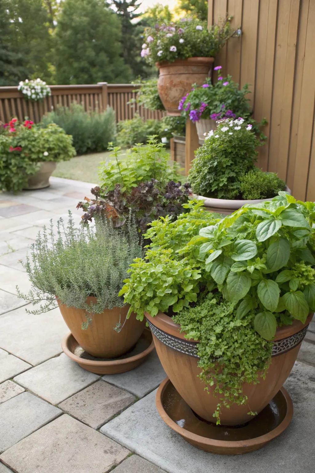 A patio transformed into a herb garden with large, vibrant pots arranged creatively.