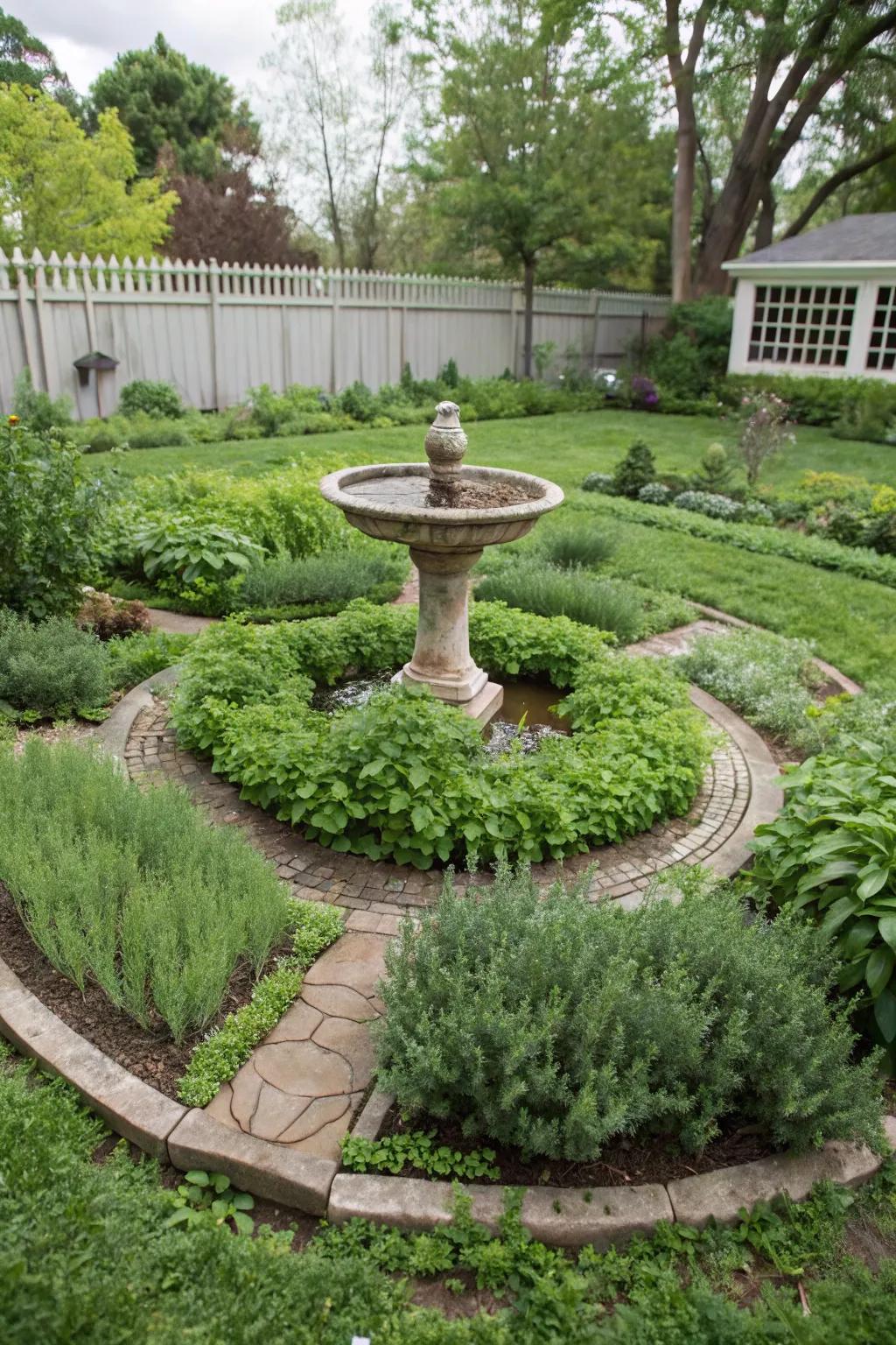 A circular herb garden with a charming birdbath at the center surrounded by vibrant herbs.