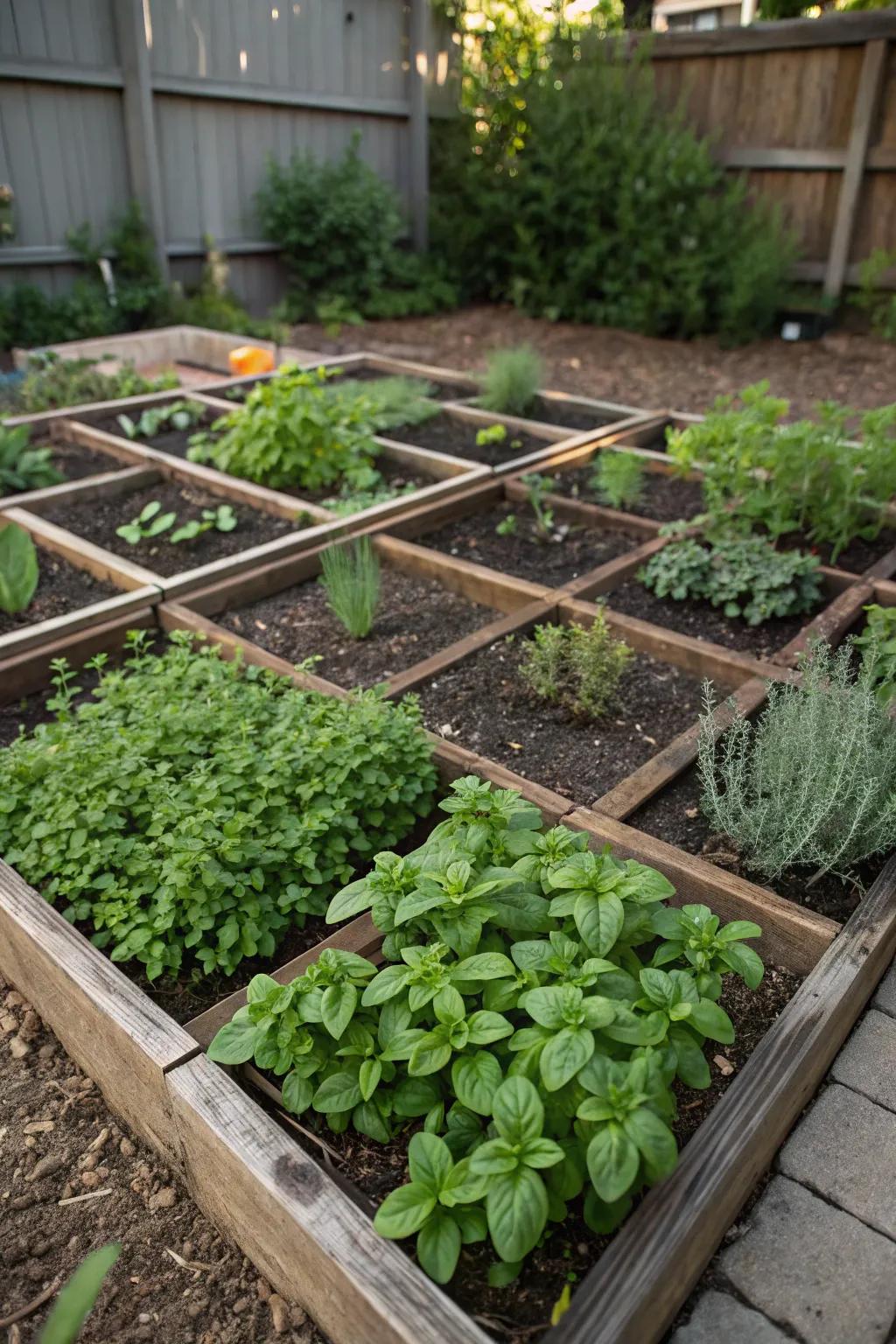 A grid-pattern herb garden with clearly defined sections, offering a tidy and organized look.