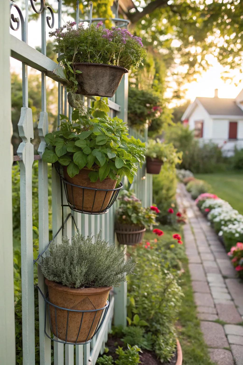 A garden fence beautifully adorned with hanging pots of herbs, utilizing vertical space.
