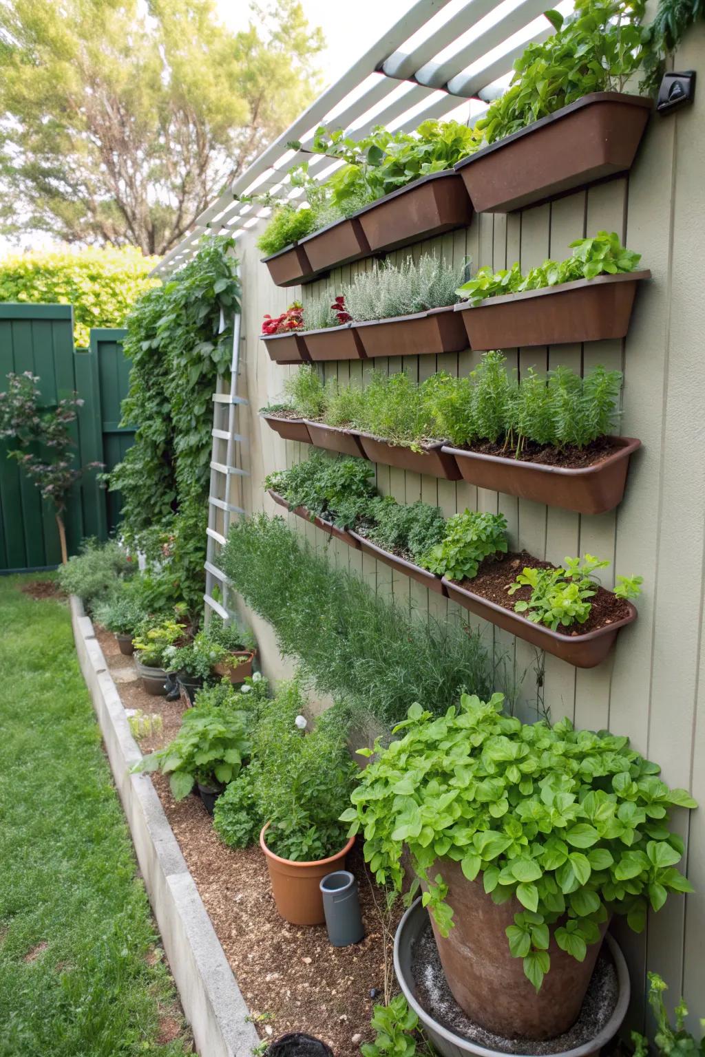 A vertical herb garden with hanging pots and tiered planters, perfect for small spaces.