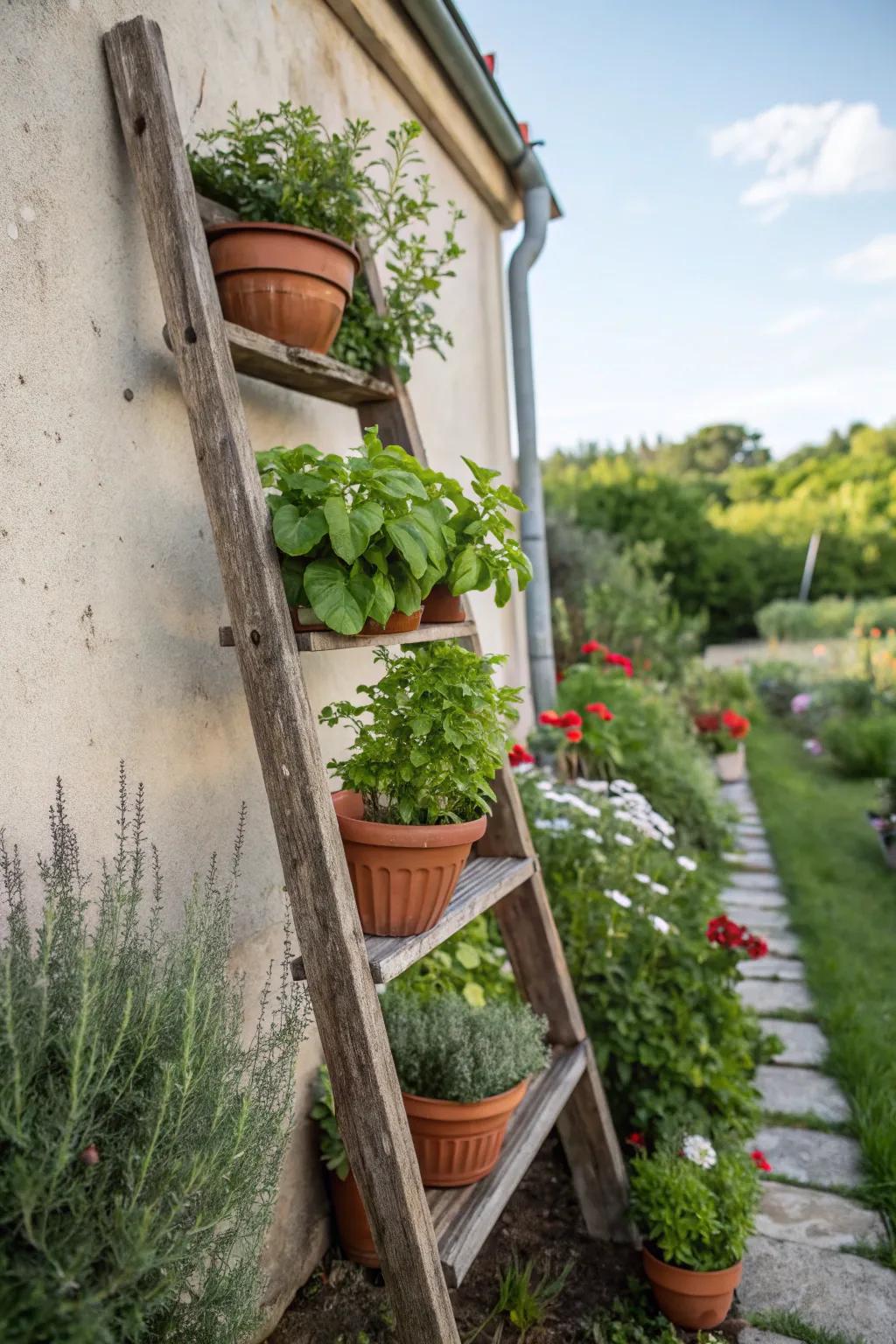 A rustic ladder used as a unique display for pots of herbs, adding charm to the garden.