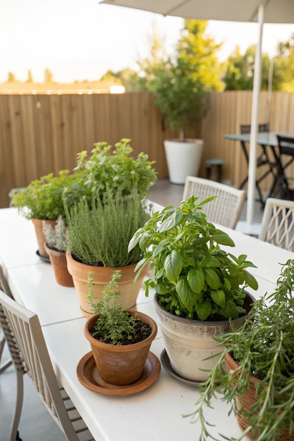 A tabletop herb garden featuring Mediterranean herbs, perfect for compact outdoor spaces.