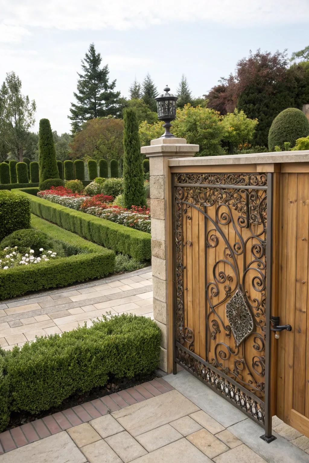 A gate with decorative metal inlays, blending artistry with functionality.