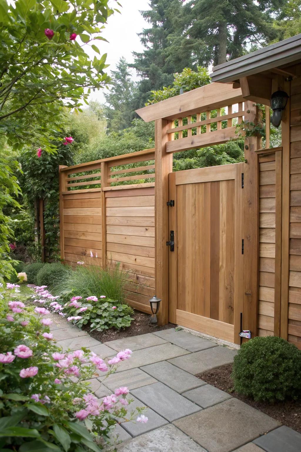 A naturally stained horizontal gate that harmonizes with its surroundings.