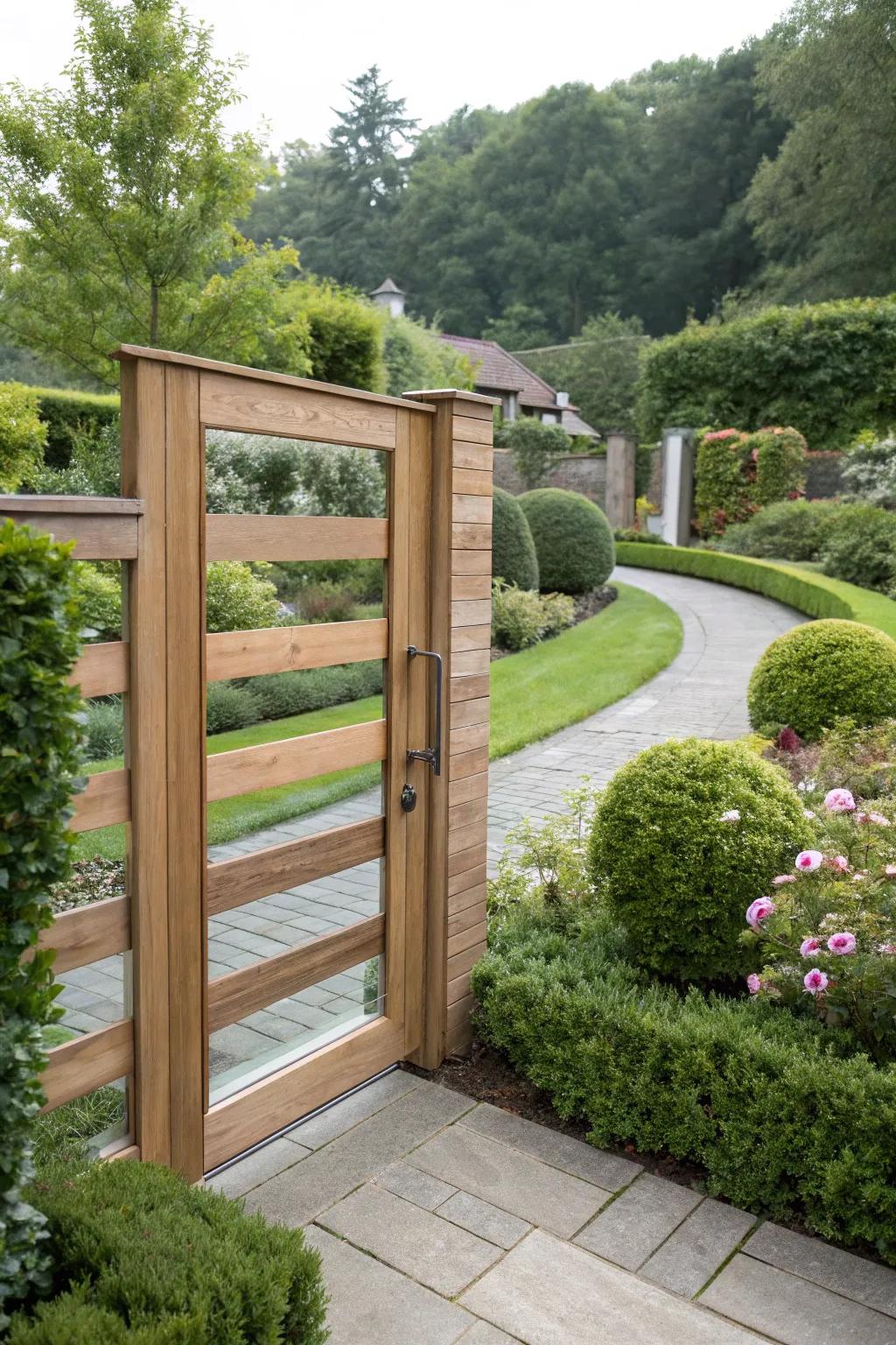 A horizontal gate with glass panels, blending modern and natural elements.