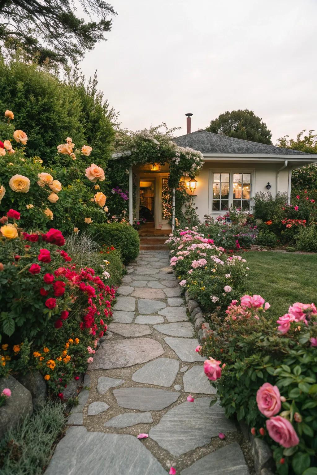 A charming pathway lined with roses adds structure and beauty to your front yard.