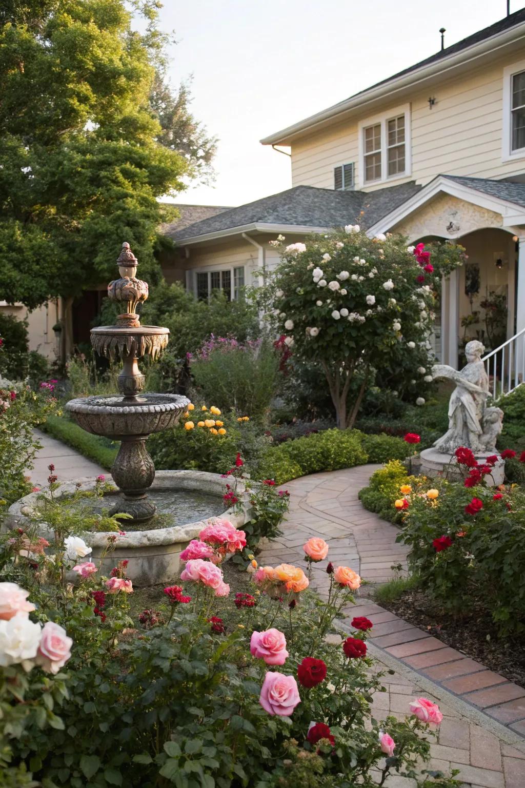 Decorative elements like fountains add charm to your garden.