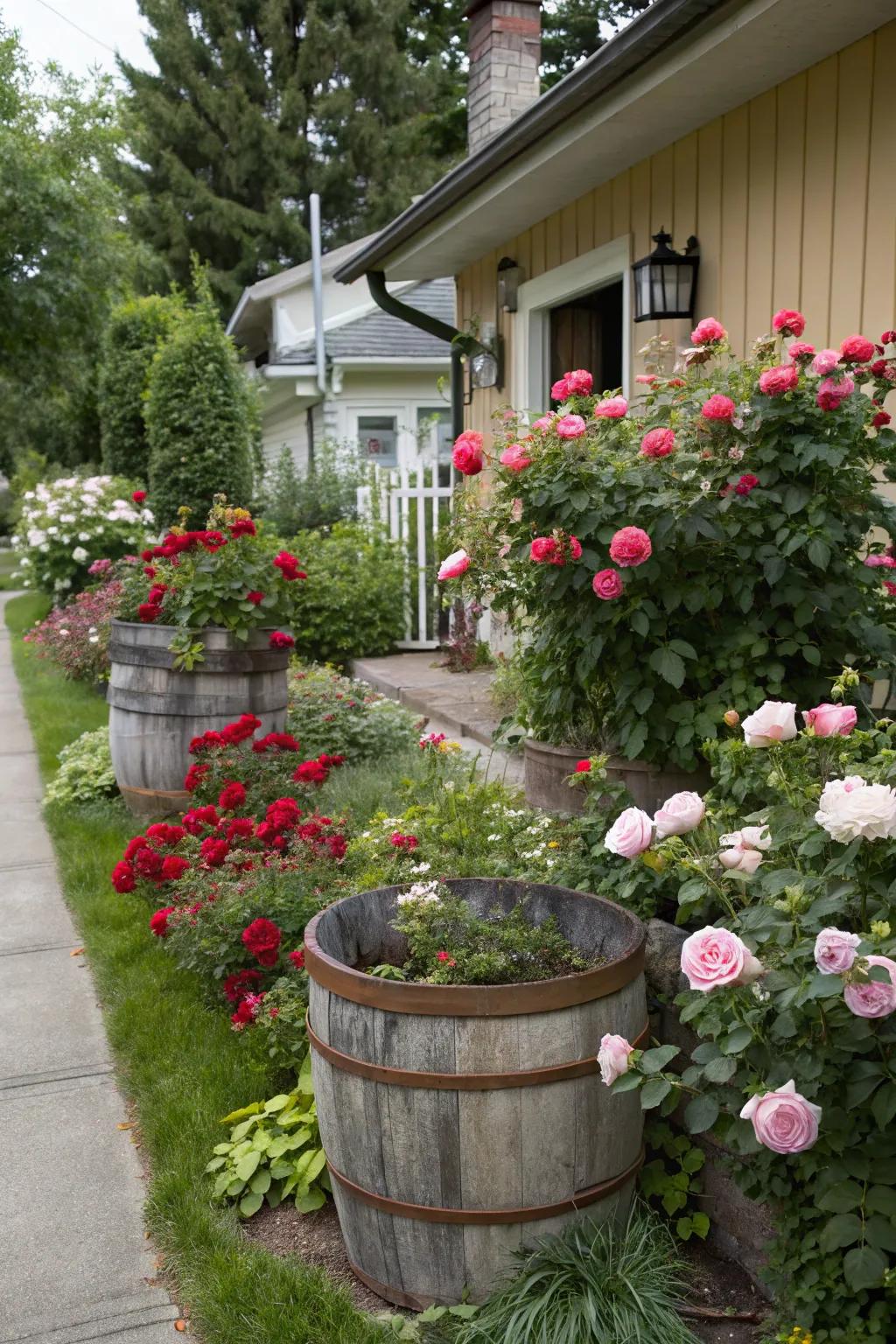 Repurpose vintage items as rustic rose planters.