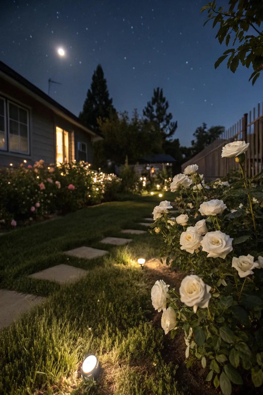 Create an enchanting scene with moonlit white roses.