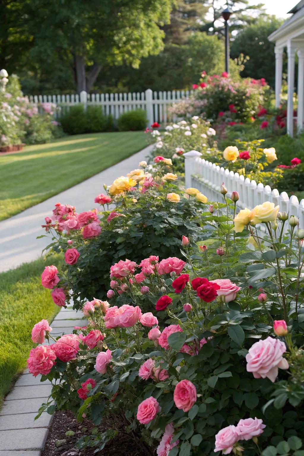 Create a vibrant display with a mix of rose colors in your garden.