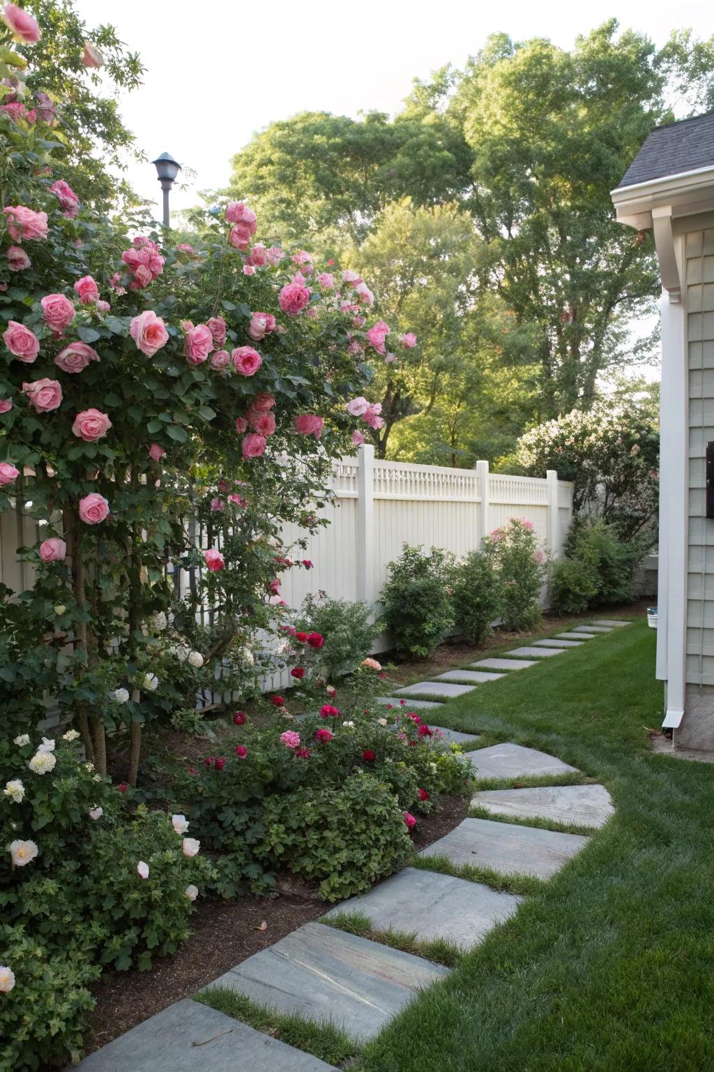 Create hidden corners with tall rose bushes.