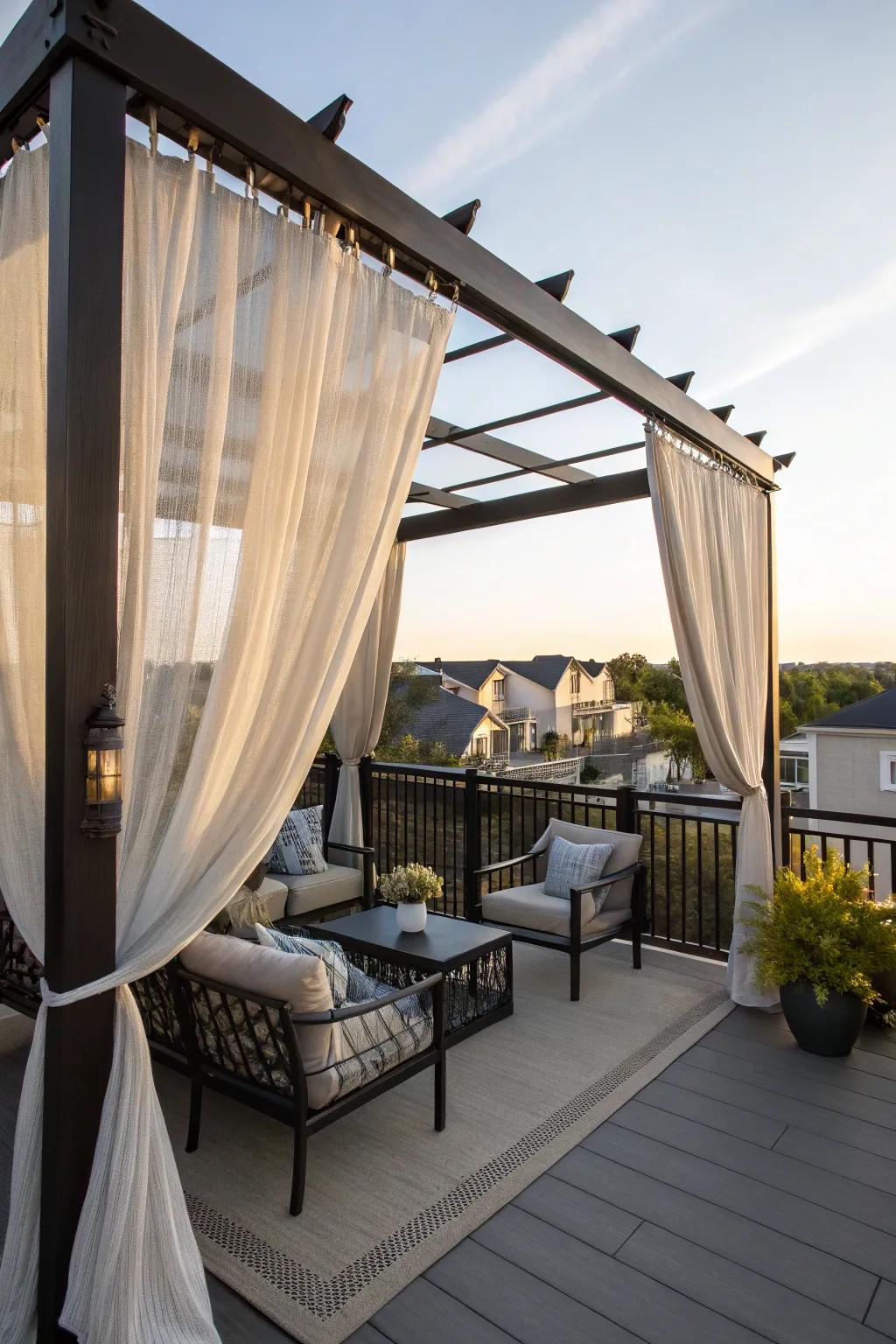 Outdoor curtains create a breezy, private retreat.