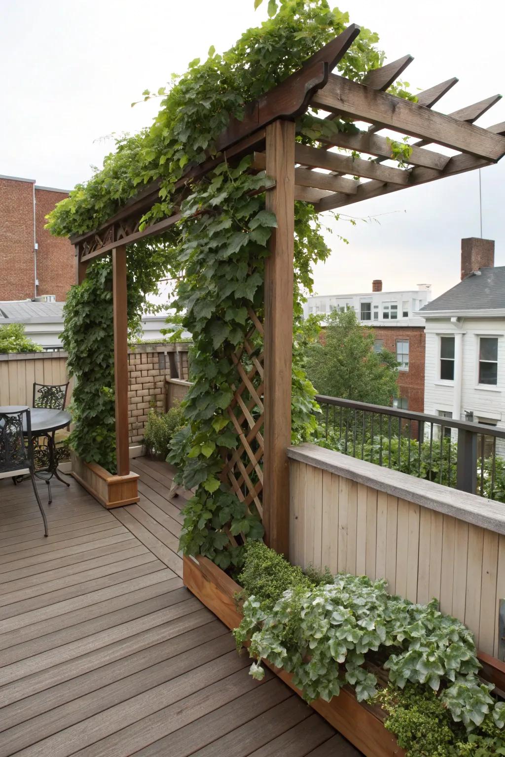A DIY trellis with ivy adds charm and privacy.