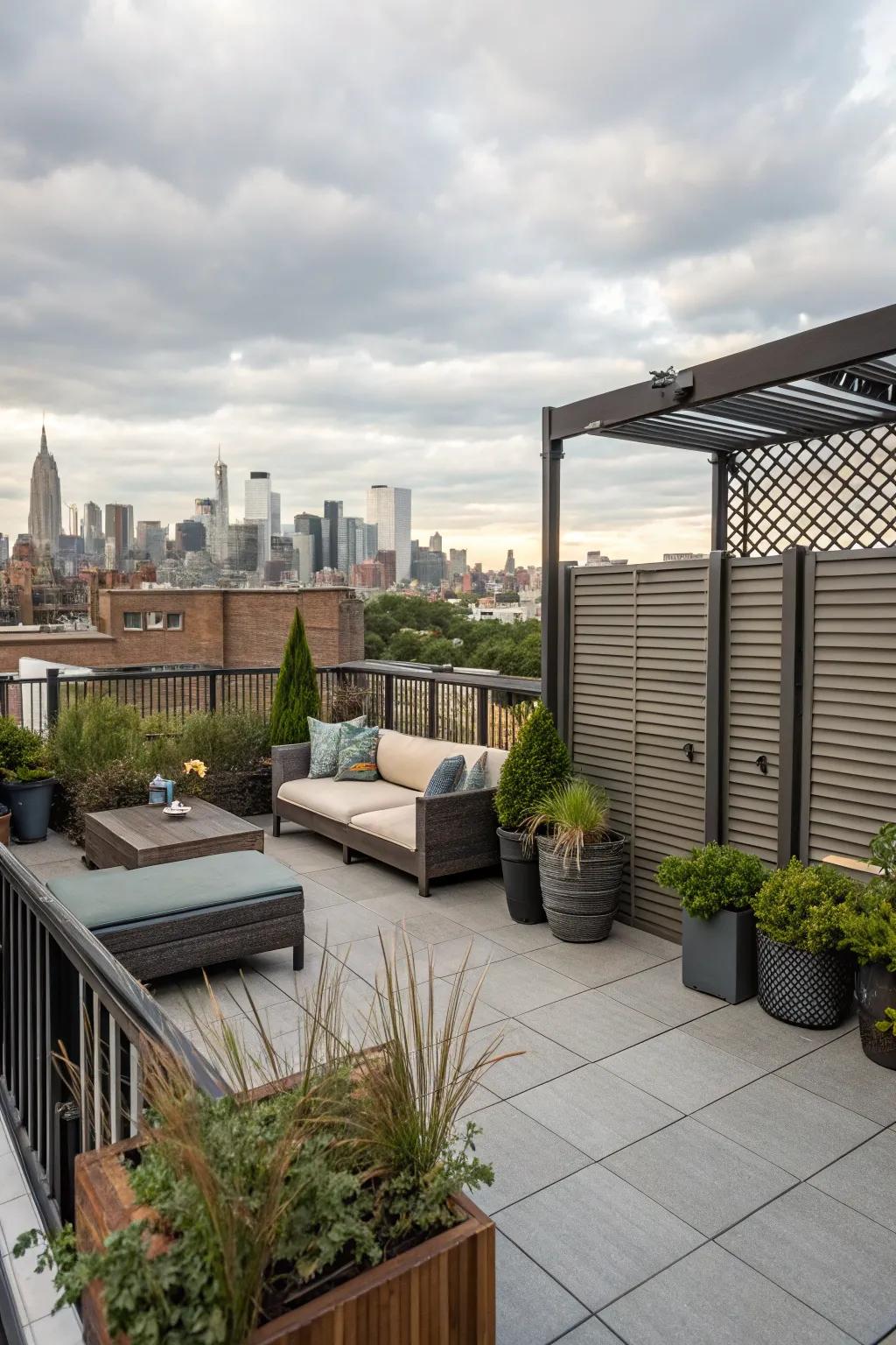 Privacy blinds offer adjustable seclusion and light control.