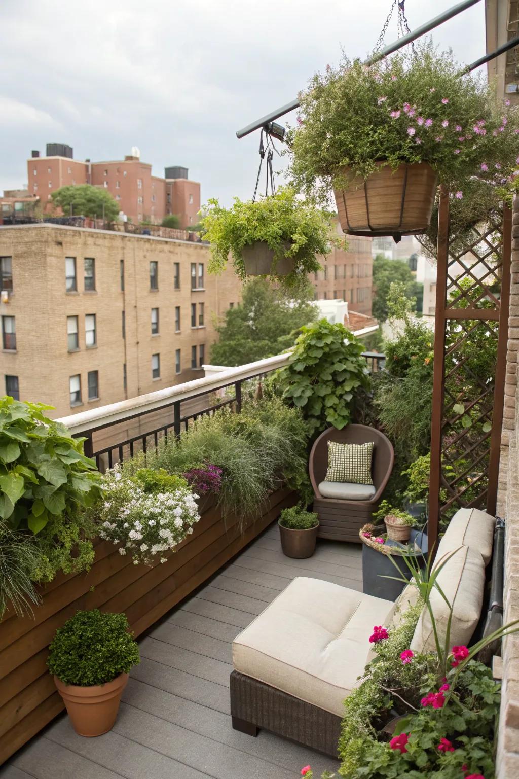 Hanging planters bring greenery and privacy to small spaces.