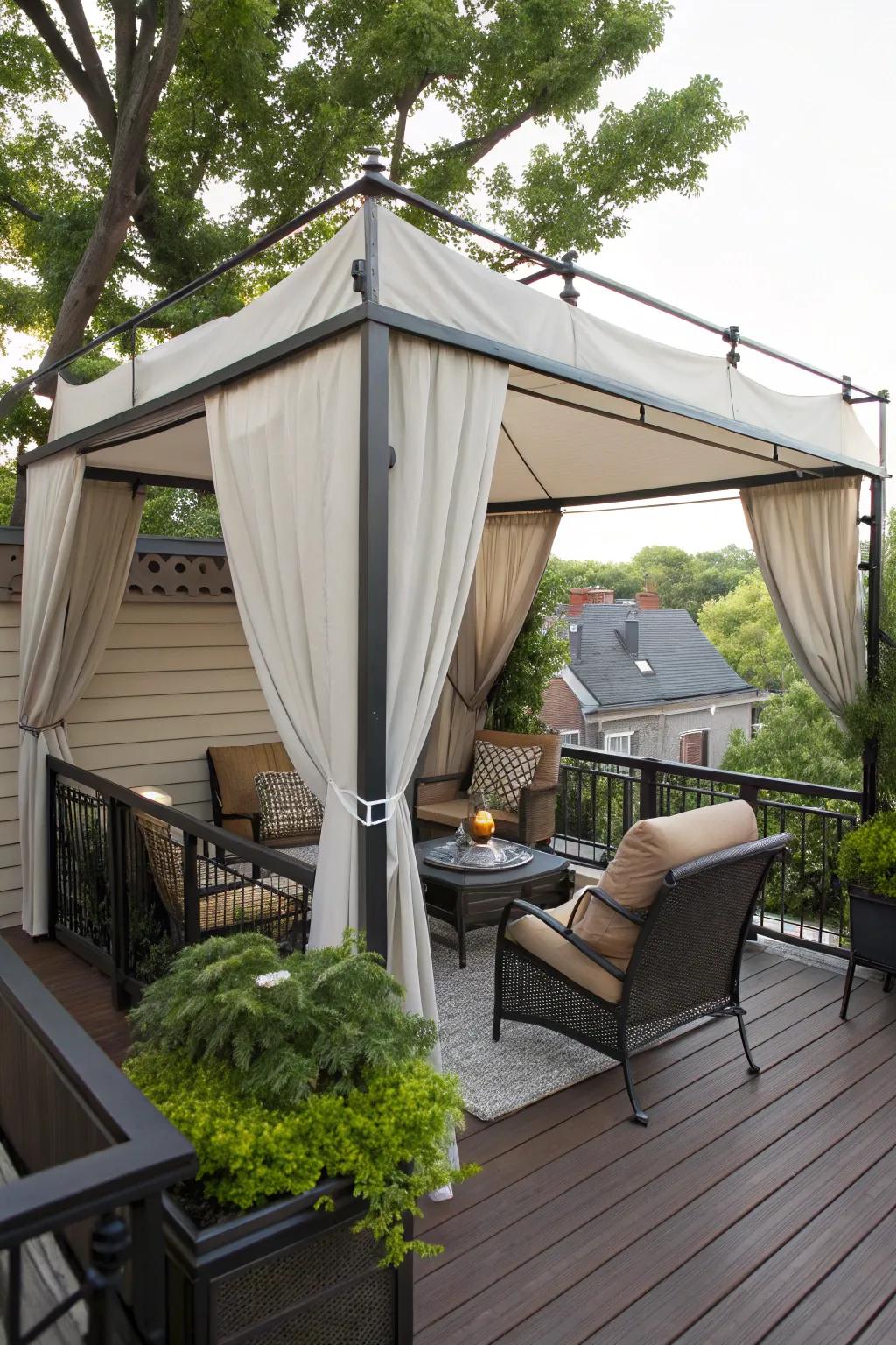 A fabric canopy adds softness and privacy.