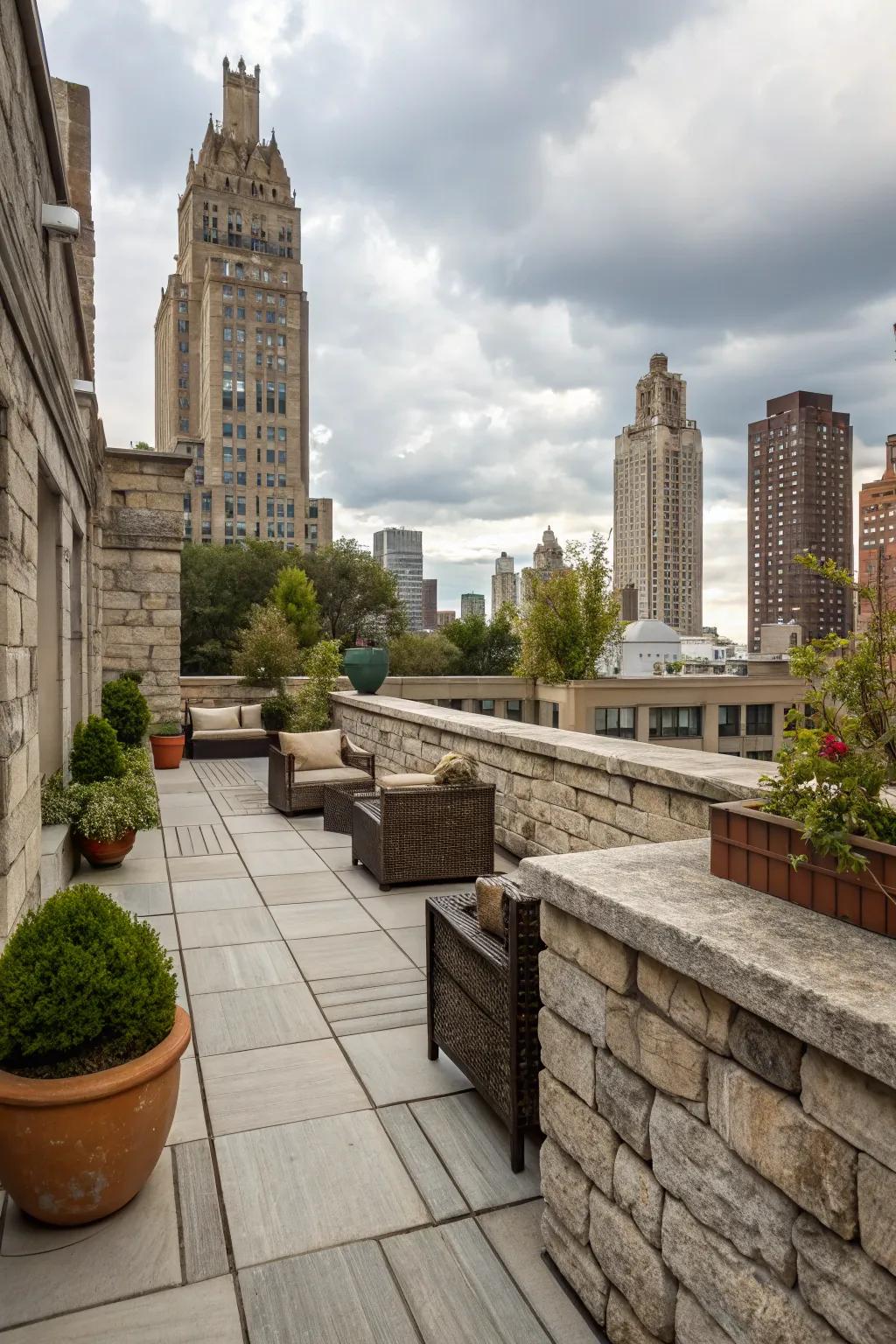 Natural stone walls add sturdy elegance and privacy.