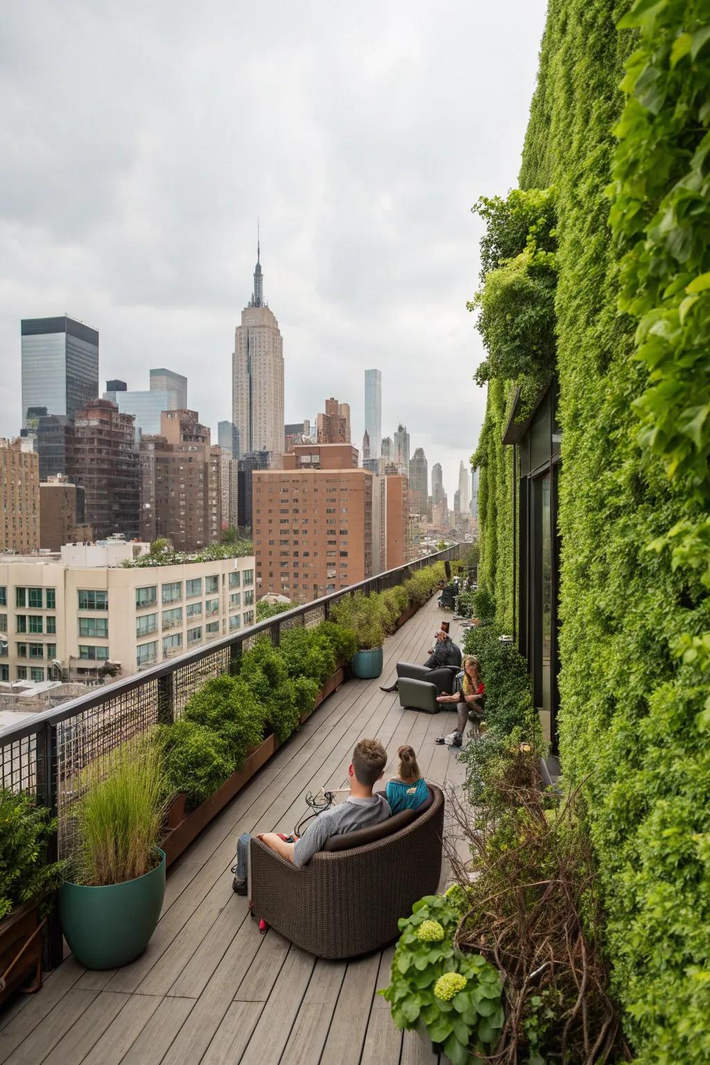Vertical gardens add lush privacy to rooftop decks.
