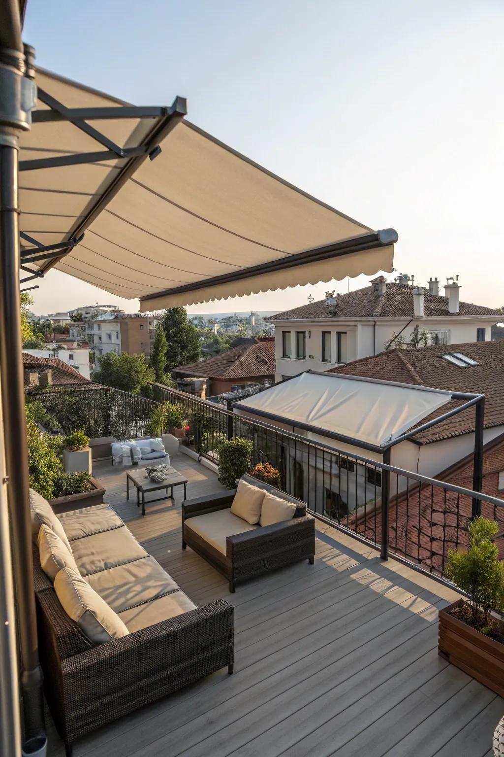 Retractable awnings offer adjustable privacy and sun protection.