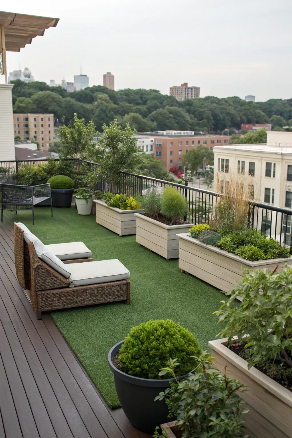 Artificial turf and planters create a lush rooftop retreat.