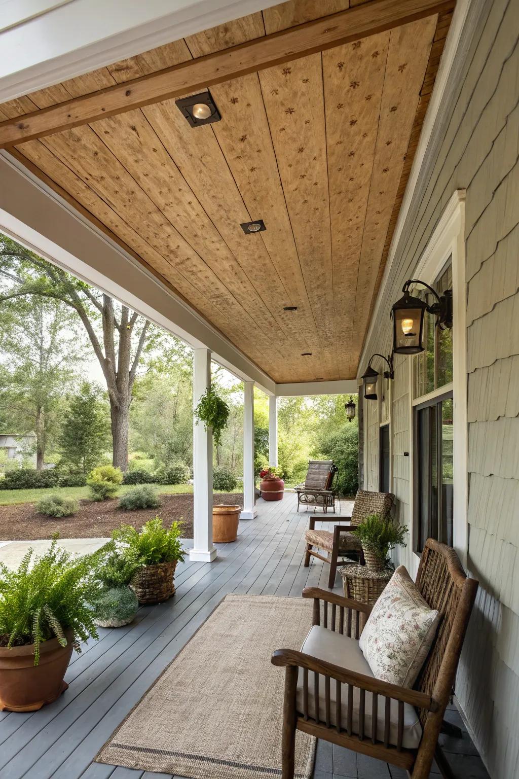 Board-and-batten adds architectural texture to your porch ceiling.